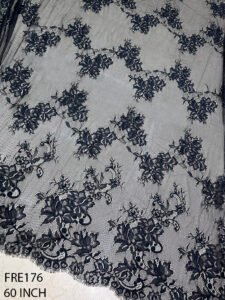 FRE176 black Chantilly lace fabric with scalloped edge for bridal gowns and couture fashion
