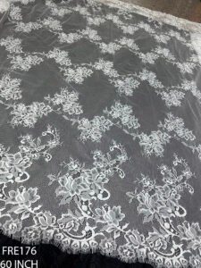 White Chantilly lace fabric FRE176 – 60 inch wide, 3 meter roll, dyeable