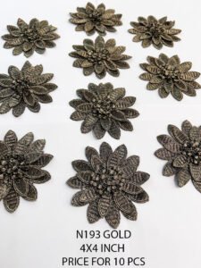 N193 gold lurex neck lace patch with 3D floral design, 4-inch radius for elegant garments