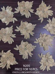 N205 lurex gold neck patch with 3D floral design, 5.5" x 4.8", set of 10 pieces for couture garments