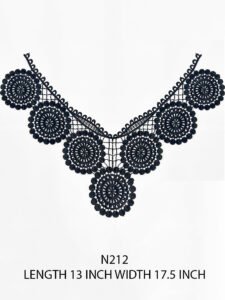 Black shiny GPO lace neck appliqué patch with intricate floral embroidery and glossy finish