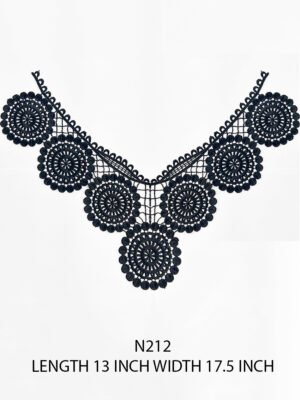 Black shiny GPO lace neck appliqué patch with intricate floral embroidery and glossy finish