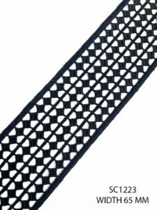 SC1223 black GPO lace trim with geometric embroidery and straight edges