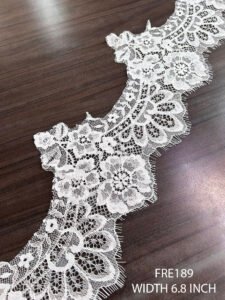 White Chantilly lace trim FRE189 with eyelash scallop edge – 6.8 inch wide