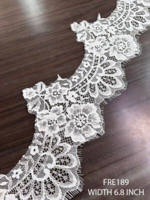 White Chantilly lace trim FRE189 with eyelash scallop edge – 6.8 inch wide