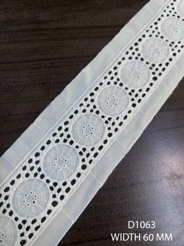 D1063 white embroidered lace trim with intricate detailing, 60 mm width