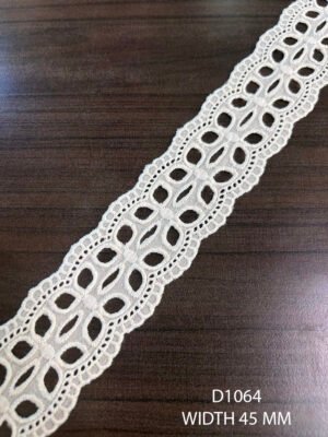 D1064 white embroidered lace trim with dual scalloped edges, 45 mm width