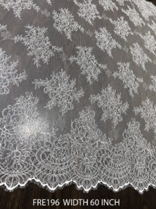 FRE196 Chantilly lace fabric with floral motifs and eyelash edges, 60 inches wide, ideal for bridal and couture garments