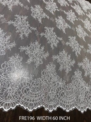FRE196 Chantilly lace fabric with floral motifs and eyelash edges, 60 inches wide, ideal for bridal and couture garments