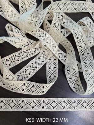 K50 cotton crochet lace trim with straight edges, 22mm wide, ideal for garments and crafts