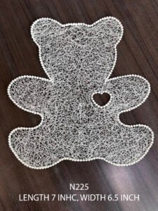 White teddy-shaped lace patch N225 with heart motif and fine embroidery