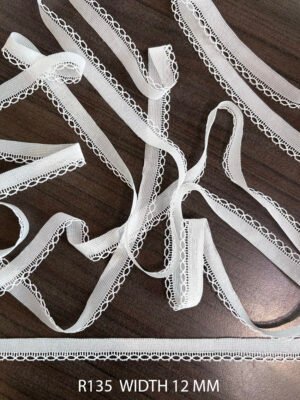 R135 Raschel nylon fine lace trim, 12mm width, elegant and dyeable for garment detailing