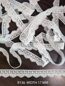 R136 white Raschel nylon lace trim, 17mm width, fine dyeable lace for garment detailing