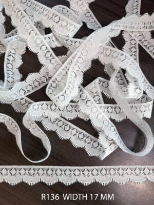R136 white Raschel nylon lace trim, 17mm width, fine dyeable lace for garment detailing