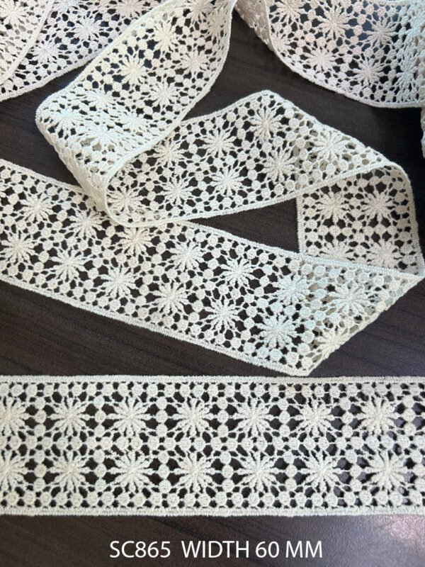 SC865 cotton GPO lace trim with floral cutwork, 60mm wide, ideal for boutique and bridal garments