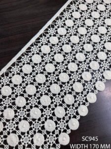 SC945 GPO cotton lace trim with floral cutwork, 170mm wide, ideal for bridal and couture garments