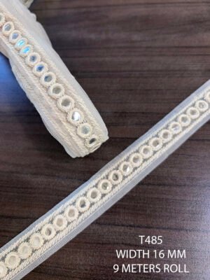 Fancy Mirror Lace T485 with reflective embellishments and intricate border design for garments