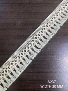 A237 30mm cotton dyeable fringe lace – fine export quality trim for garments and fashion design