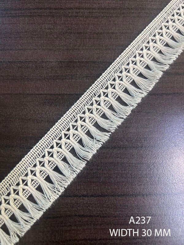 A237 30mm cotton dyeable fringe lace – fine export quality trim for garments and fashion design