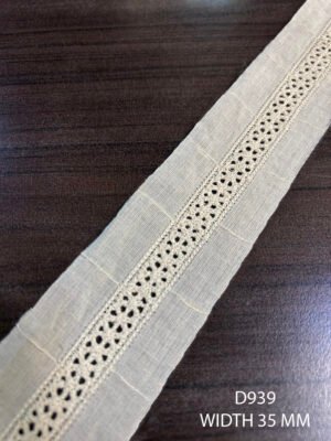 D939 cambric embroidered lace with 12mm detailing on 35mm base – dyeable export quality
