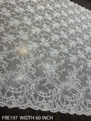 FRE197 Chantilly lace fabric – delicate floral motifs on sheer net, ideal for bridal and couture
