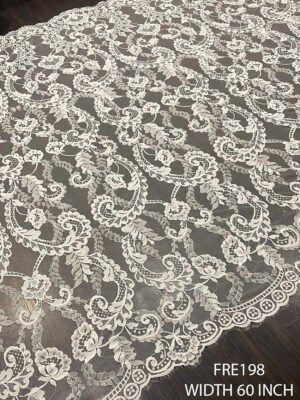 FRE198 white Chantilly eyelash lace fabric with scalloped floral design – bridal and couture ready
