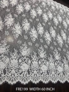 FRE199 white Chantilly eyelash lace fabric with scalloped edges and floral motifs – bridal and couture ready