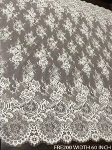FRE200 white Chantilly eyelash lace fabric – 60 inch wide, scalloped floral design, bridal and couture ready
