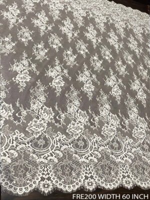 FRE200 white Chantilly eyelash lace fabric – 60 inch wide, scalloped floral design, bridal and couture ready