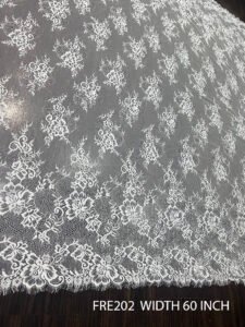 FRE202 white Chantilly eyelash lace fabric – 60 inch wide, floral scallop design with eyelash trim, bridal and couture ready