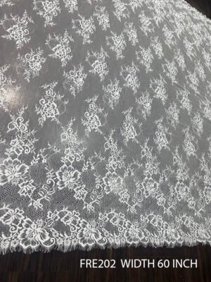 FRE202 white Chantilly eyelash lace fabric – 60 inch wide, floral scallop design with eyelash trim, bridal and couture ready