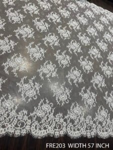 FRE203 white Chantilly lace fabric – 57 inch wide, both-side scalloped floral design, bridal and couture ready