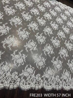 FRE203 white Chantilly lace fabric – 57 inch wide, both-side scalloped floral design, bridal and couture ready