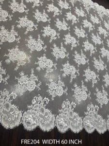 FRE204 white Chantilly lace fabric – 60 inch wide, scalloped floral edges on both sides, bridal and couture ready