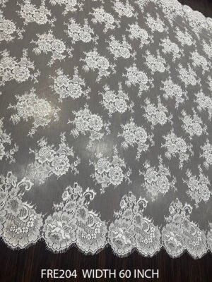 FRE204 white Chantilly lace fabric – 60 inch wide, scalloped floral edges on both sides, bridal and couture ready