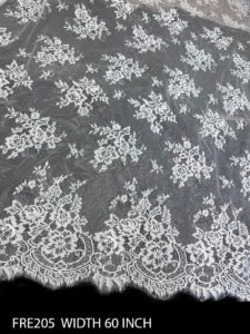 FRE205 white Chantilly lace fabric with scalloped edges on both sides, 60-inch wide floral net