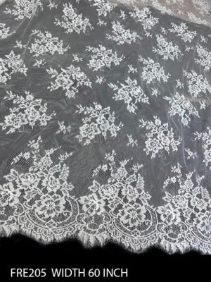 FRE205 white Chantilly lace fabric with scalloped edges on both sides, 60-inch wide floral net