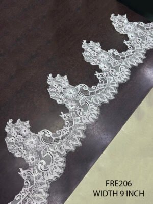 FRE206 white dyeable eyelash Chantilly lace – 3 meter piece with scalloped edge and floral embroidery