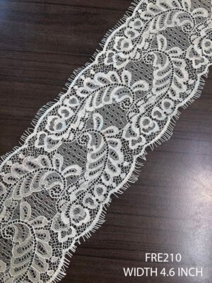 FRE210 white Chantilly eyelash lace – 4.6 inch wide, double scalloped, 3 meter roll