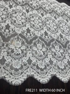 White Chantilly eyelash lace fabric FRE211 with double scallop edges, 60-inch width