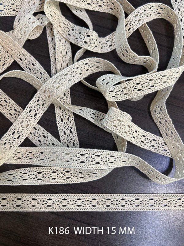 K186 crochet cotton lace – 15mm dyeable griege trim per meter