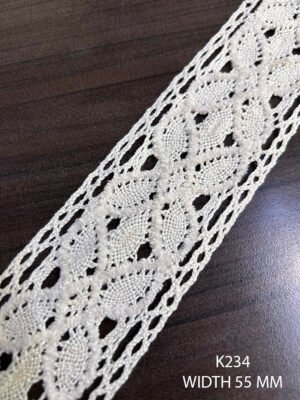 Pearl white cotton crochet lace trim with fur, 55mm wide – K234