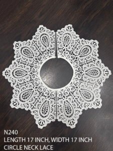 N240 very fine white circle neck lace, 17 inch wide, for neckline and high fashion garments