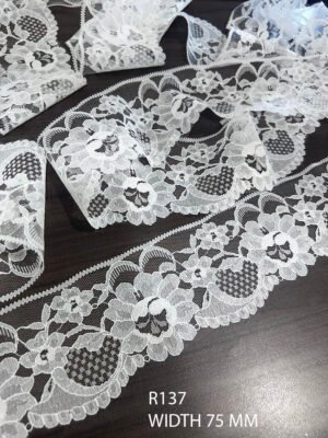 R137 nylon raschel lace trim in 75 mm width, elegant floral pattern