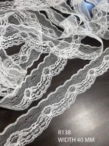 R138 white nylon raschel lace trim, dyeable, 40 mm width