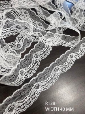 R138 white nylon raschel lace trim, dyeable, 40 mm width