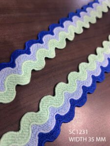 SC1231 multicolor zig zag GPO lace in blue, light blue, and green – 35 mm width, sold per meter
