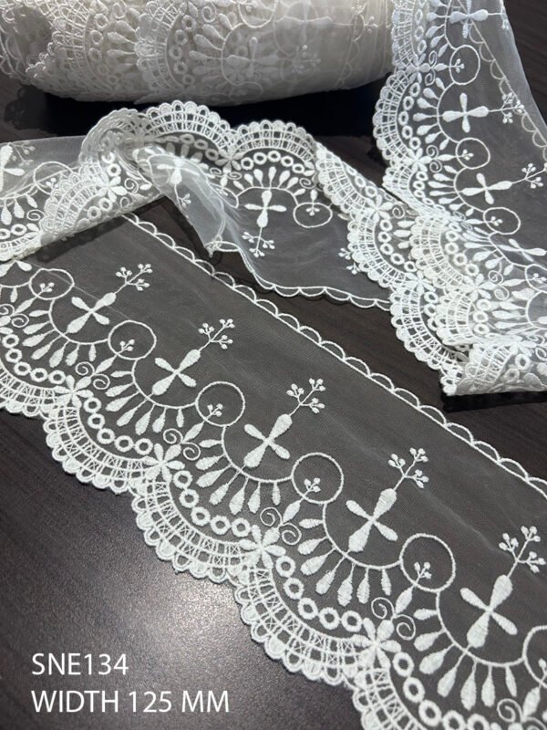 Delicate white net lace – 125 mm wide, SNE 134, perfect for bridal and couture accents