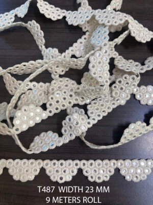 T487 mirror lace roll with elegant shimmer, 9 meters long, ideal for ethnic wear and DIY crafts