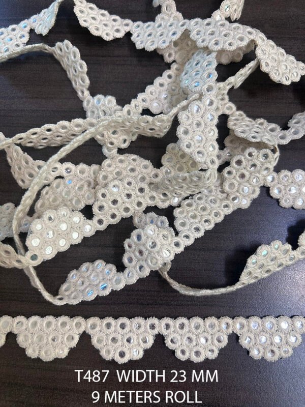 T487 mirror lace roll with elegant shimmer, 9 meters long, ideal for ethnic wear and DIY crafts